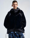 High Tech WINDSWEPT
HIGH TECH
Multi-panel cape-coat in faux fur and tech taffeta