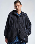 High Tech WINDSWEPT
HIGH TECH
Multi-panel cape-coat in faux fur and tech taffeta