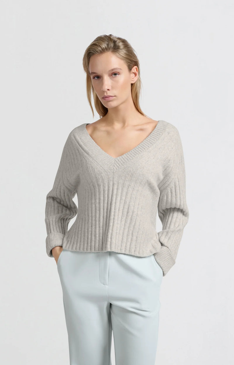 Yaya Ribbed V-neck Sweater - Ice Melange