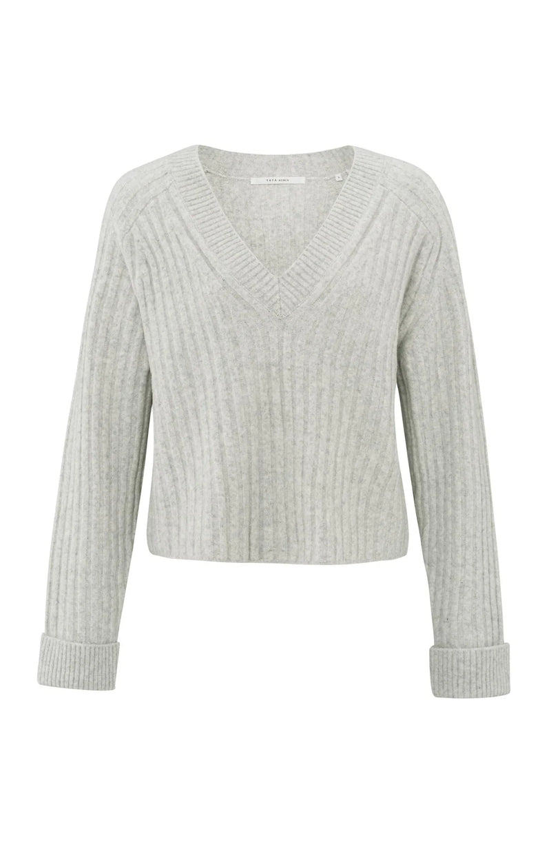 Yaya Ribbed V-neck Sweater - Ice Melange