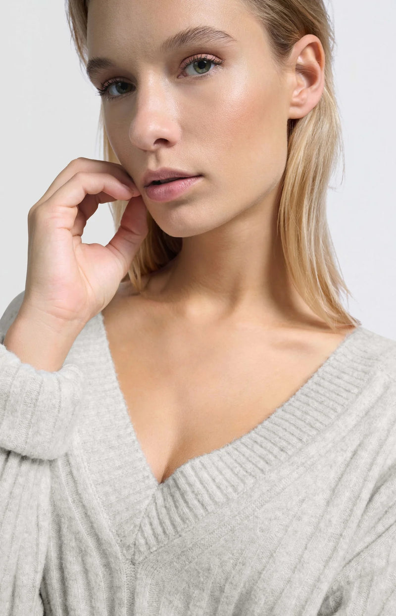 Yaya Ribbed V-neck Sweater - Ice Melange