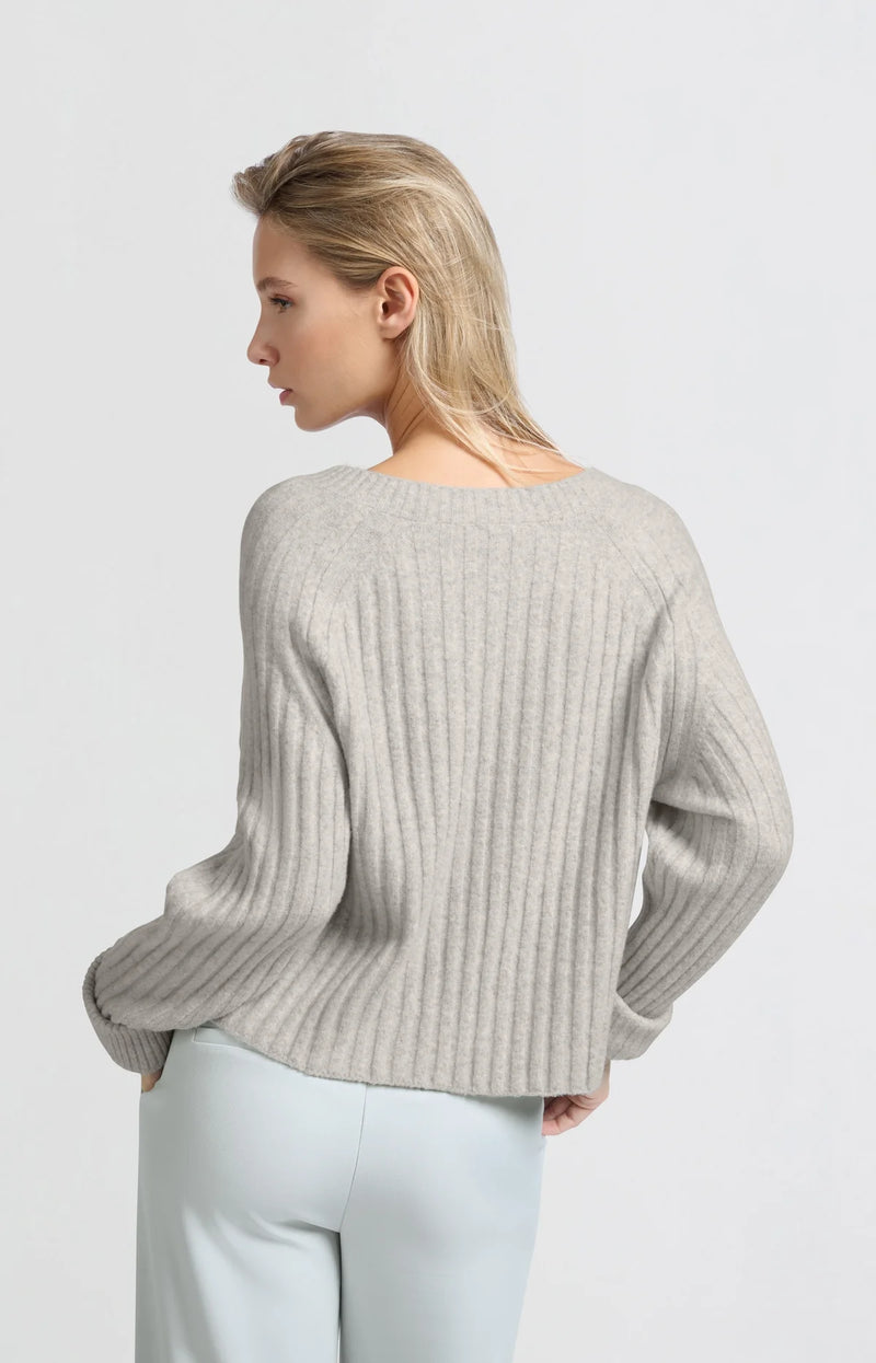 Yaya Ribbed V-neck Sweater - Ice Melange